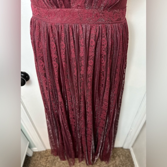 Burgundy Maxi Dress V-neck spaghetti straps pleated design with lace M #1525 - Picture 11 of 12